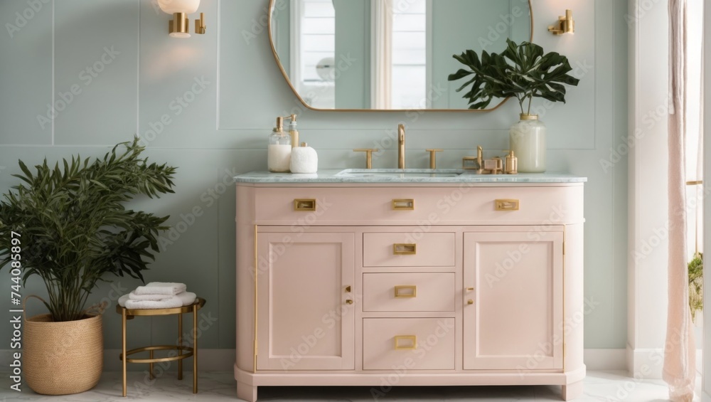 Fototapeta premium The soft pastel color on this bathroom vanity brings a touch of modern beach house interior design to this space. house beautifully it pairs with the brass faucet and fixtures home design ideas