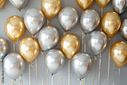 A group of vibrant balloons are arranged and suspended on a wall, creating a playful and visually appealing display, Metallic gold and silver balloons displayed on the wall, AI Generated photo