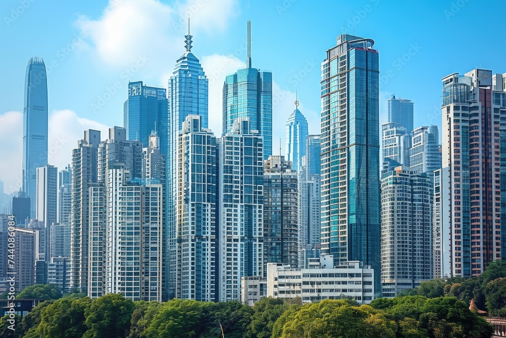Obraz premium An aerial photo capturing the vibrant energy and towering skyscrapers of a large city, Metropolis skyline showcasing unique architectural designs of skyscrapers, AI Generated