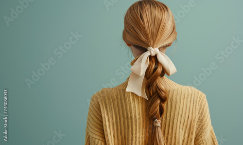 back view of a blonde woman with a braid tied with a cream ribbon bow on a light background , copy space for text photo