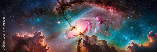 Colorful space galaxy, planets, and cloud nebula