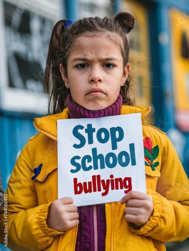 A girl in a yellow coat holds a sign demanding an end to school bullying, her furrowed brow showing her concern for her peers. photo