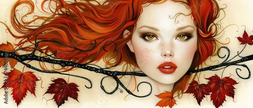 a painting of a woman's face with red hair and orange leaves surrounding her and a branch with red leaves on it. photo