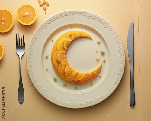 An advertisement for a product with a picture of a crescent on a plate © mahamudul