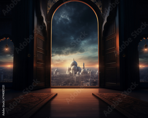 An open door with a view of a mosque at night
