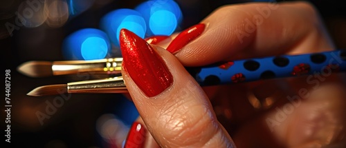 a close up of a person's hand holding a pen with a red manicure and red nail polish. photo