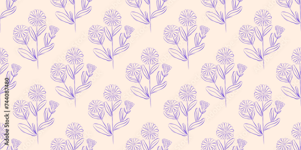 Seamless pattern with calendula flowers. Spring or summer background. Packaging design, textiles in retro rustic style. Vector illustration Seamless pattern with calendula flowers. Spring or summer background. Packaging design, textiles in retro rustic style. Vector illustration