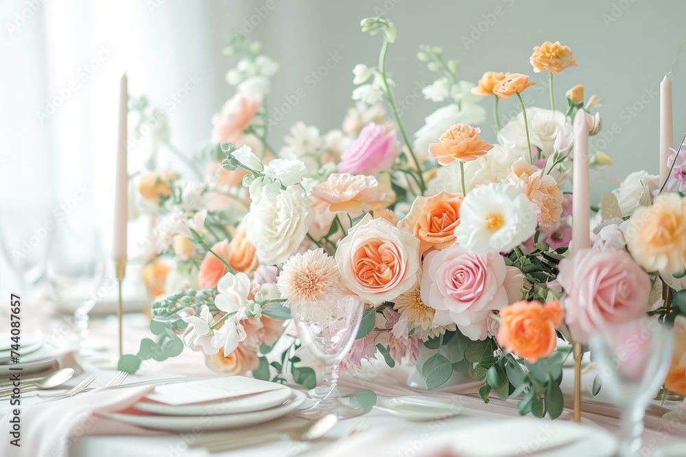 A table adorned with an abundant display of white and pink flowers, creating a vibrant and colorful scene, Modern wedding with pastel colors, AI Generated A table adorned with an abundant display of white and pink flowers, creating a vibrant and colorful scene, Modern wedding with pastel colors, AI Generated