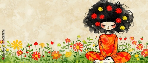 a painting of a woman with flowers in her hair sitting in a field of flowers with a grungy background. photo