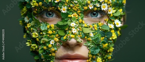 a woman's face covered in flowers and leaves with her eyes closed and her face covered in leaves and flowers. photo