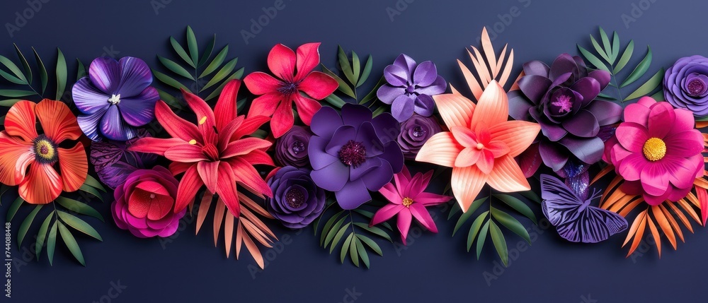 a bunch of flowers that are on top of a blue surface and one is pink, purple, and orange.