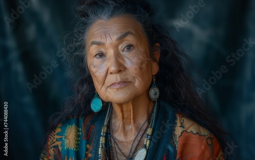 A woman with long hair adorned in a necklace and earrings