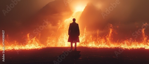 a man standing in front of a huge fire with a huge amount of lava in the background and a mountain in the foreground. photo