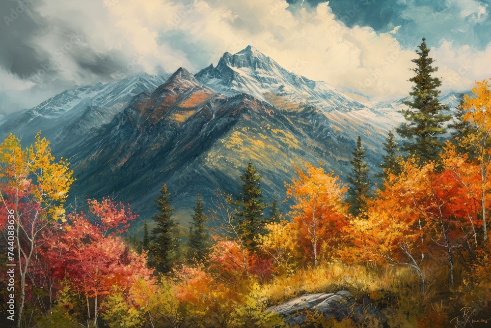 Fototapeta premium This photo depicts a painting showing a grand mountain range with towering peaks and lush trees in the foreground, Mountain vista draped in autumnâ€™s colors, AI Generated