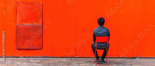 a person sitting on a chair in front of a red wall with a painting on it's wall behind them. photo