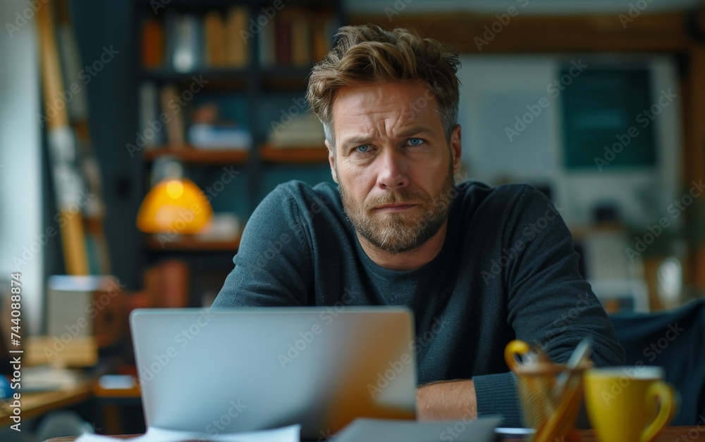A man sitting at a desk, focused on the screen of a laptop computer A man sitting at a desk, focused on the screen of a laptop computer