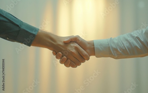 Two individuals in a close-up shot, engaged in a handshake gesture