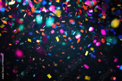 A vibrant medley of multicolored confetti scattered across a black background, creating a festive and dynamic composition, Multi-colored confetti against a pitch-black background, AI Generated