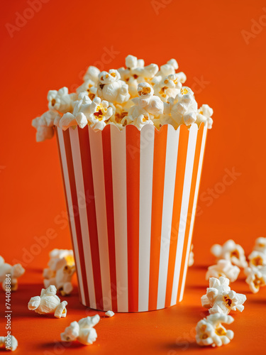 A close-up image capturing an overflowing striped container of freshly popped, golden popcorn against a light background