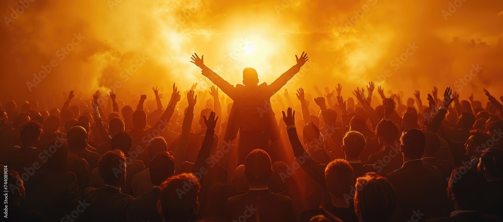 Under the open sky, a vibrant crowd at an outdoor concert raise their hands in unison, basking in the flare of the music