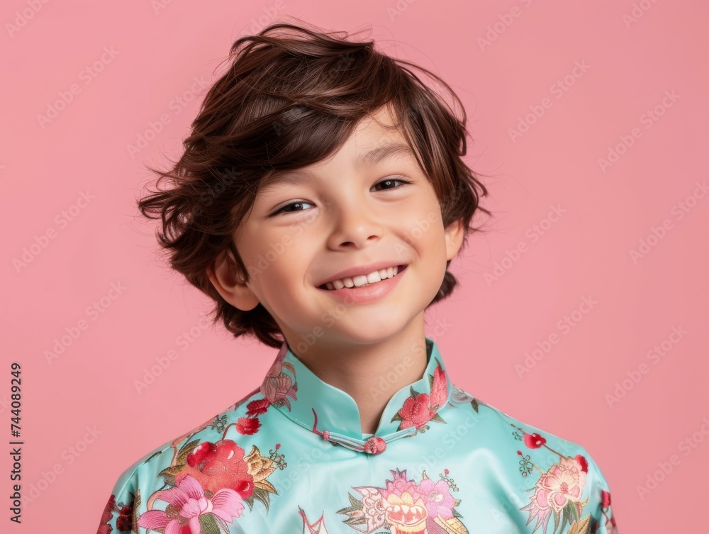 A young boy wearing a blue shirt with flowers on it A young boy wearing a blue shirt with flowers on it