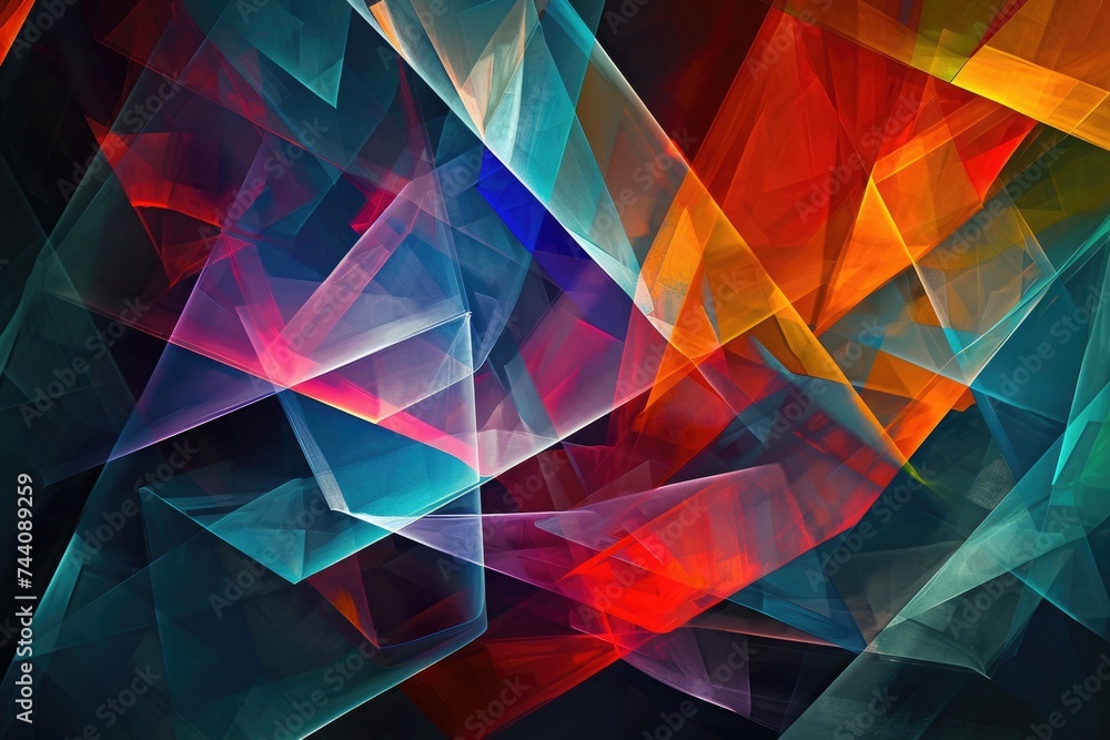 Obraz premium A vibrant and lively abstract background featuring a myriad of different colors and hues, Multiple overlapping layers of abstract, futuristic shapes against a dark backdrop, AI Generated