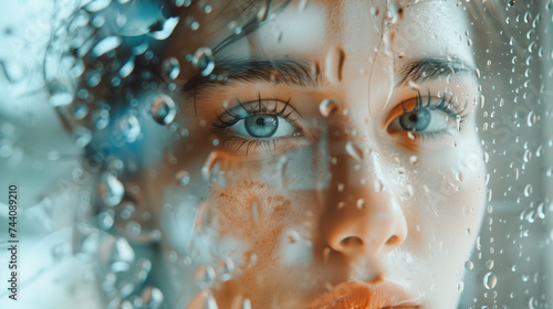 Close-up of a woman's face behind a wet glass, with water droplets and a reflective gaze © weerasak