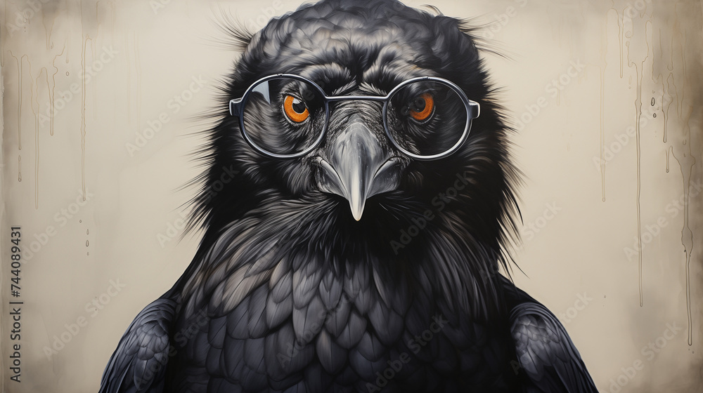 Fototapeta premium Illustration of a portrait of a raven with glasses in a Gothic style.