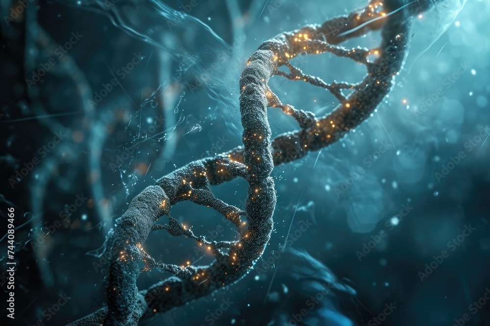 A photo showcasing a double-stranded strand of lights positioned in front of a solid blue background, An intricate depiction of a DNA helix being manipulated, AI Generated A photo showcasing a double-stranded strand of lights positioned in front of a solid blue background, An intricate depiction of a DNA helix being manipulated, AI Generated
