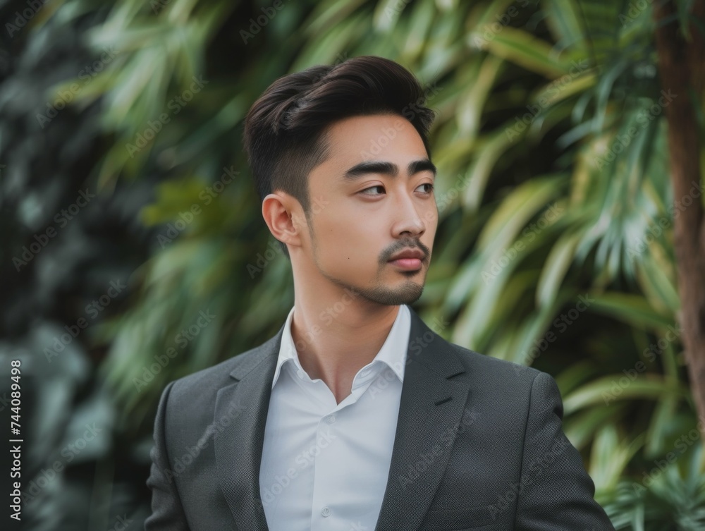 A man wearing a suit stands confidently in front of a tree, exuding professionalism and poise A man wearing a suit stands confidently in front of a tree, exuding professionalism and poise