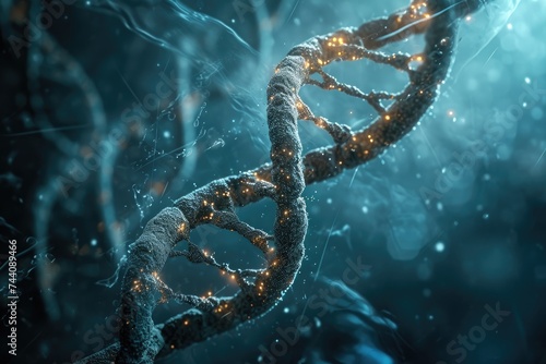 A photo showcasing a double-stranded strand of lights positioned in front of a solid blue background, An intricate depiction of a DNA helix being manipulated, AI Generated