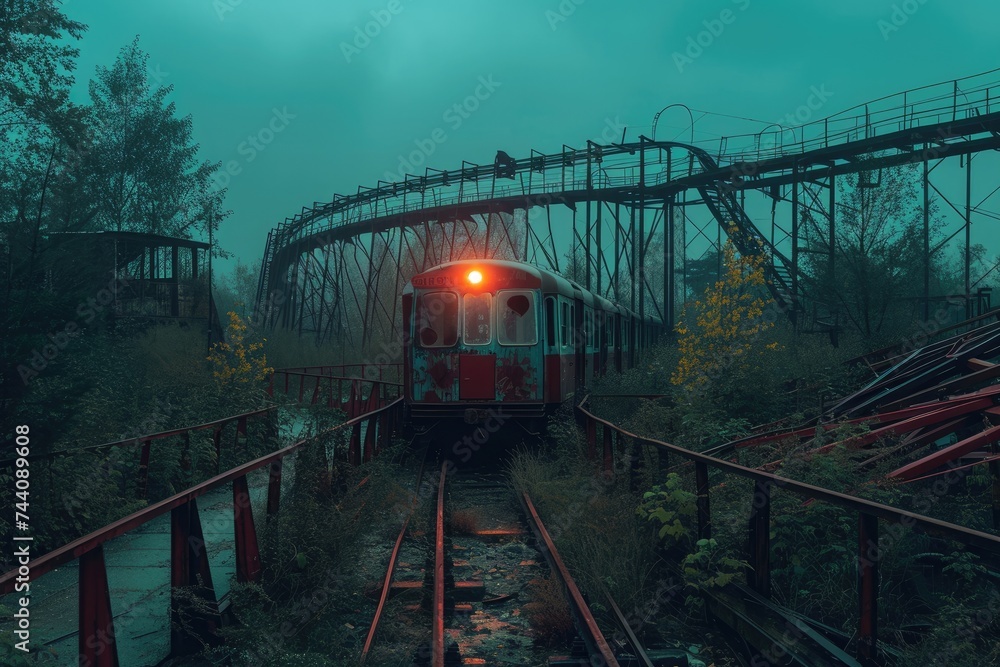 A train is seen traveling down the tracks that run alongside a dense forest, Mysterious ghost train traversing through an abandoned amusement park, AI Generated A train is seen traveling down the tracks that run alongside a dense forest, Mysterious ghost train traversing through an abandoned amusement park, AI Generated