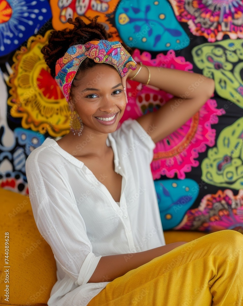 A woman is seated comfortably on a bright yellow couch A woman is seated comfortably on a bright yellow couch