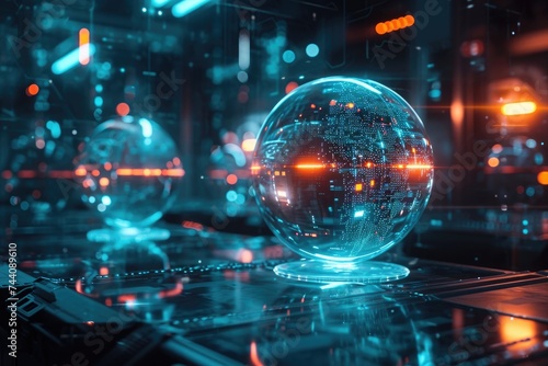 A glass ball sits motionless on top of a wooden table  reflecting the surrounding environment  Mysterious holographic data orbs in a cybernetic lab  AI Generated