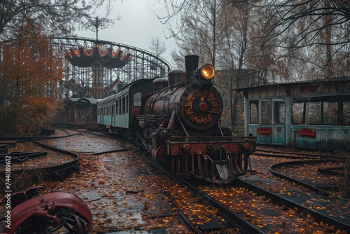 A train is seen traveling on train tracks that run alongside a dense forest, Mysterious ghost train traversing through an abandoned amusement park, AI Generated
