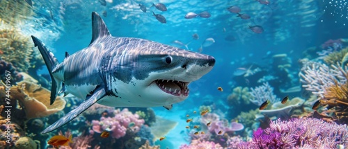 a close up of a shark with a lot of fish in it s mouth and some corals in the background.