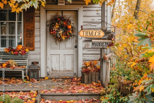 A photo of a white house with a festive wreath hanging on the front door  An inviting exterior of a home decorated for Thanksgiving  with a welcome sign and autumn wreath  AI Generated