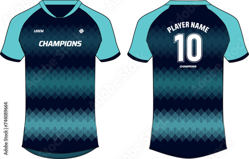 Sports t-shirt jersey design flat sketch illustration, halftone pattern v neck Football jersey concept with front and back view for Soccer, Cricket, Volleyball, Rugby, tennis, badminton uniform kit