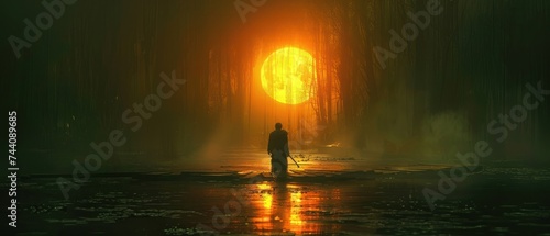 a man standing in the middle of a forest at night with the sun shining through the trees in the background.