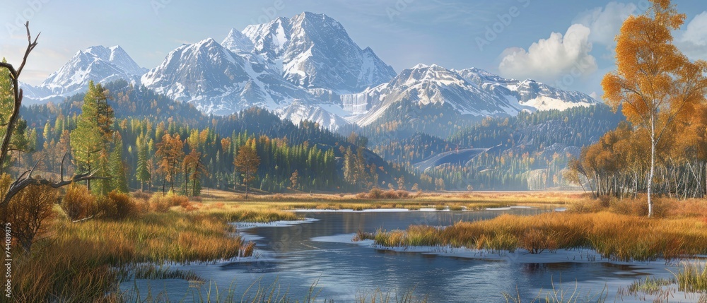 a painting of a mountain range with a river in the foreground and grass and trees in the foreground.