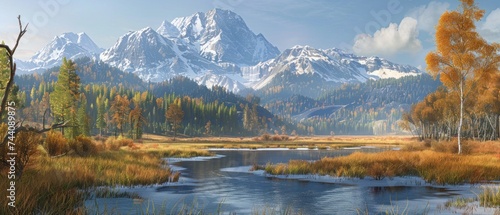 a painting of a mountain range with a river in the foreground and grass and trees in the foreground.