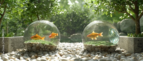 two fish in a bowl sitting on top of a pile of rocks next to a bush and a few trees. photo