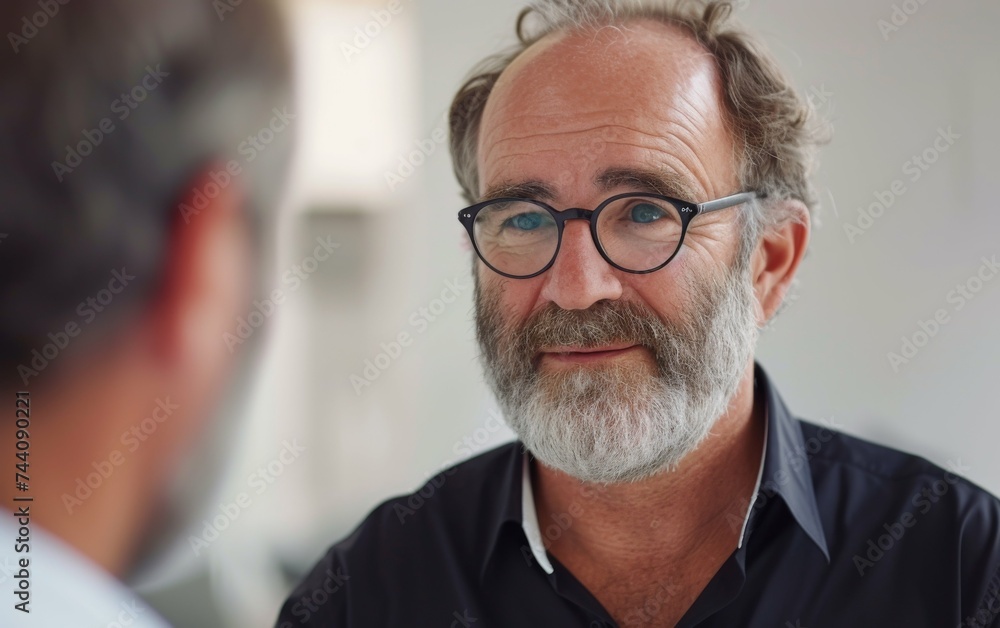 A man wearing glasses engages in conversation with another man wearing glasses A man wearing glasses engages in conversation with another man wearing glasses