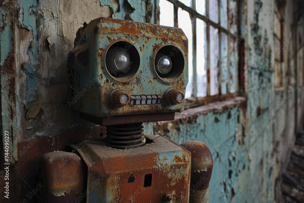 A rusty robot stands stoically in front of a window with metal bars, An old, rusty robot in an abandoned factory, AI Generated A rusty robot stands stoically in front of a window with metal bars, An old, rusty robot in an abandoned factory, AI Generated