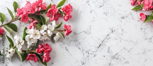 a bunch of pink and white flowers sitting on top of a white and black marble counter top next to each other.