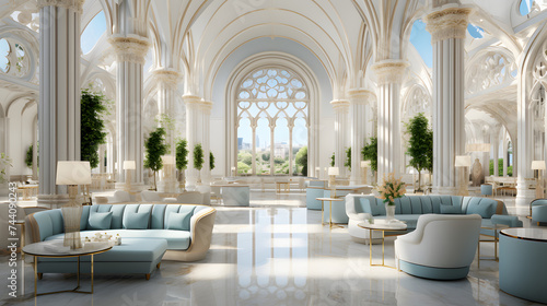 a lobby with circular tables and marble flooring © Oleksandr