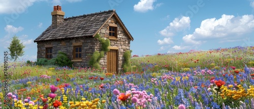 a house in the middle of a field of wildflowers with a blue sky and clouds in the background. photo