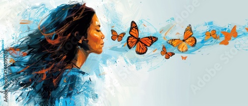 a painting of a woman's face with butterflies flying around her and the image of a woman's head. photo