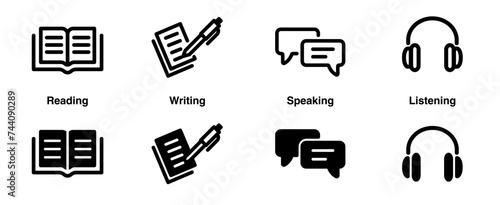 Language skill icon set speaking listening reading writing education test logo vector illustration symbol
