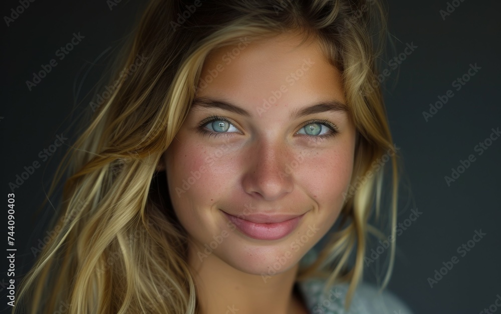 A detailed view of a womans face showing striking blue eyes A detailed view of a womans face showing striking blue eyes